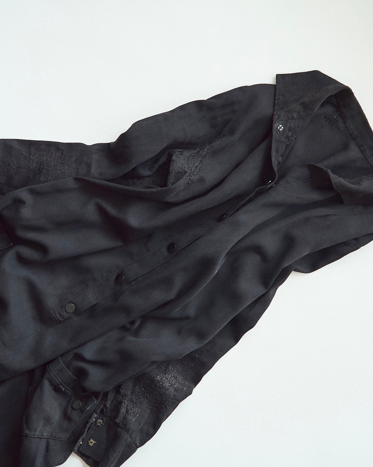 【SIZE S】-1940s French Black Cotton Sateen Maid Dress / Hand-Darned Repairs