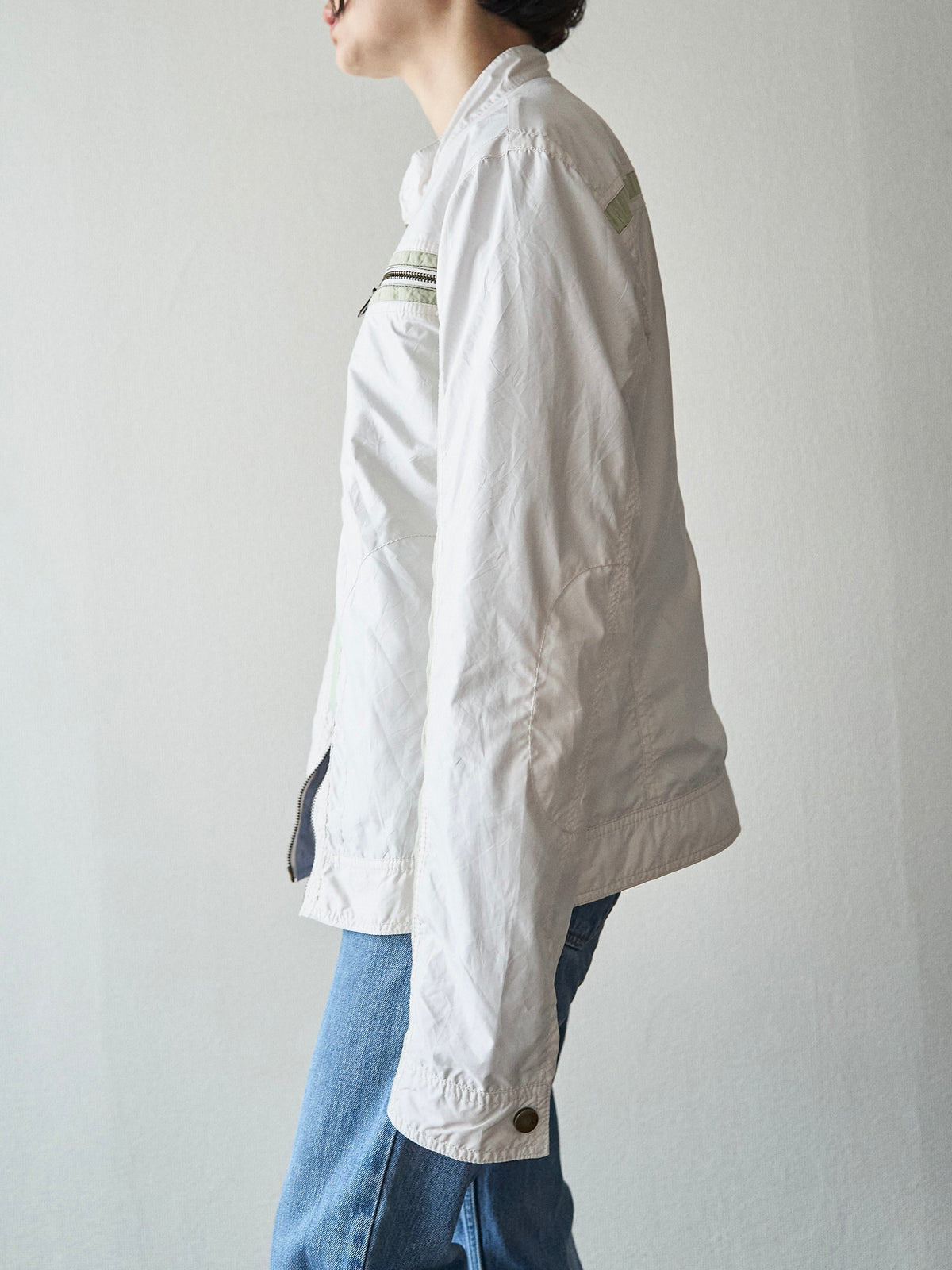 【SIZE M】2000s ARMANI JEANS PU-Coated Racing Stripe Moto Jacket / Ivory Sage Line