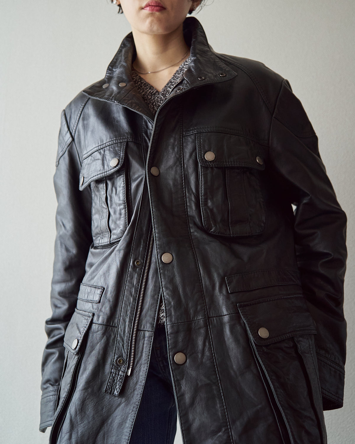 【SIZE L】00s-10s HUGO BOSS Lambskin Leather Utility Jacket/ Black