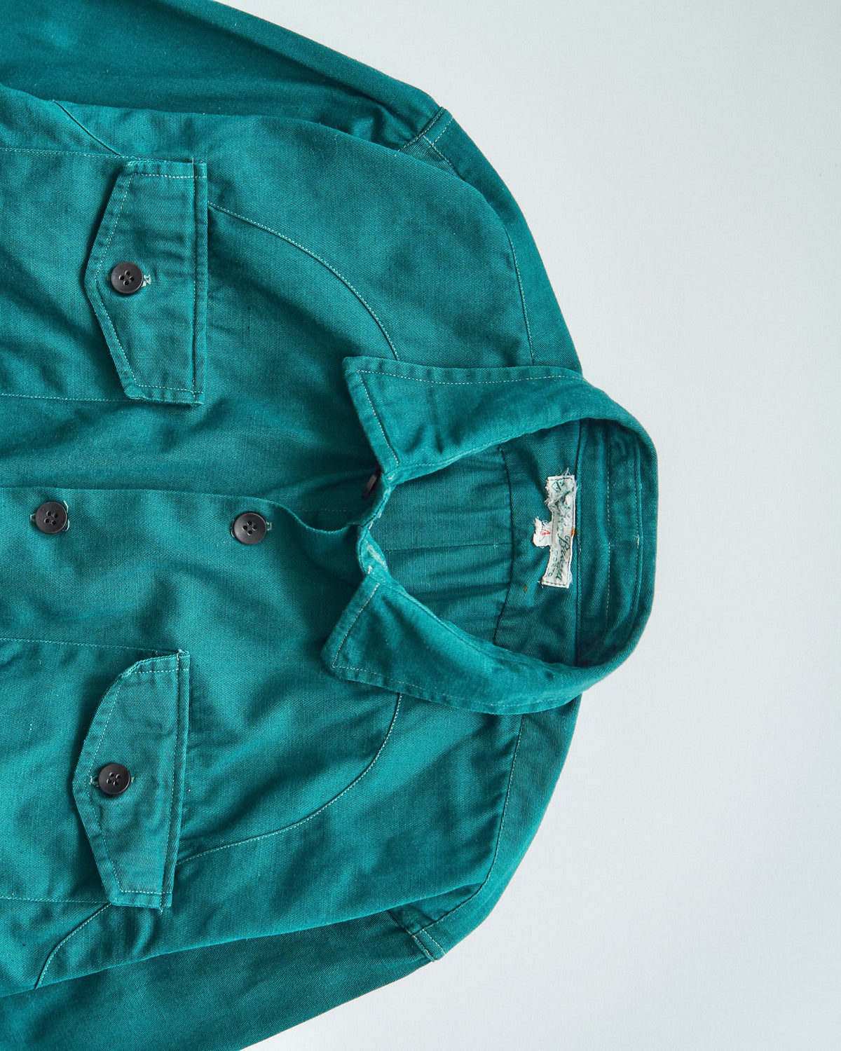 【SIZE S】1950-60s French Cotton Twill Back-Button Work Shirt / Deep Teal