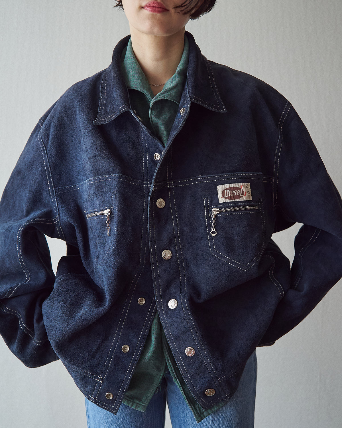 【SIZE L】90s-00s DIESEL Suede Reversible Trucker Jacket / Navy