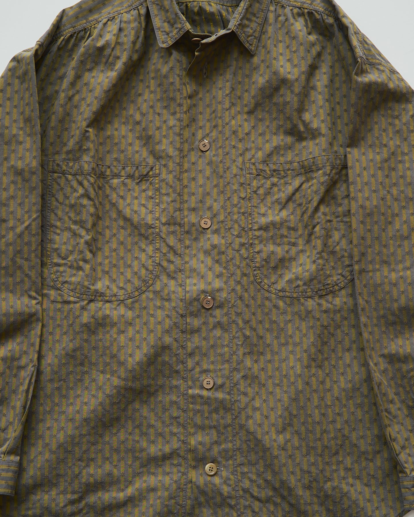 80-90s RENOMA PARIS Cotton Dobby-Striped Balloon Sleeve Shirt / Mustard Grey × Charcoal