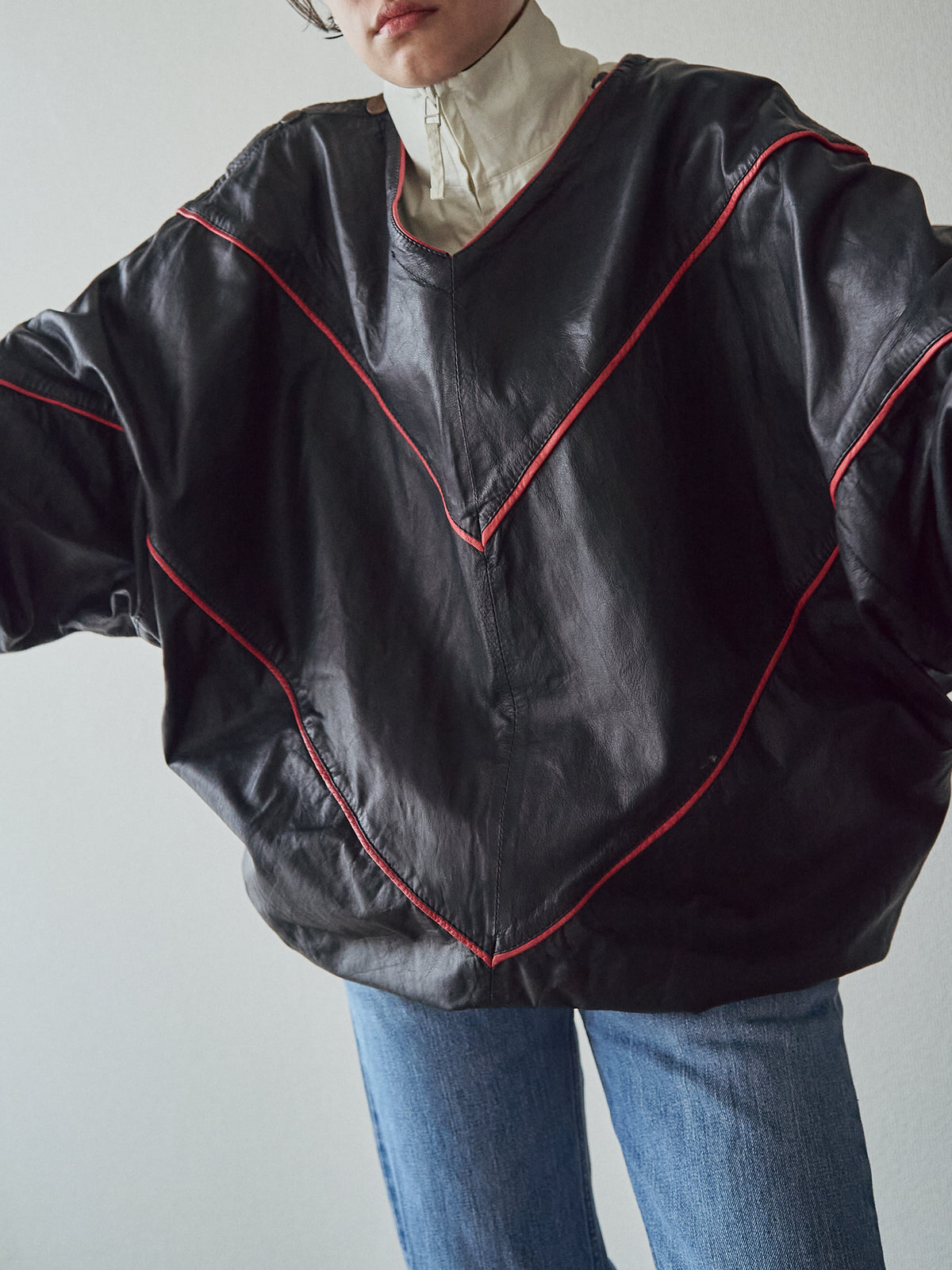 【SIZE XL】80s Shoulder-Snap Oversized Piping Leather Pullover / Black Red Piping