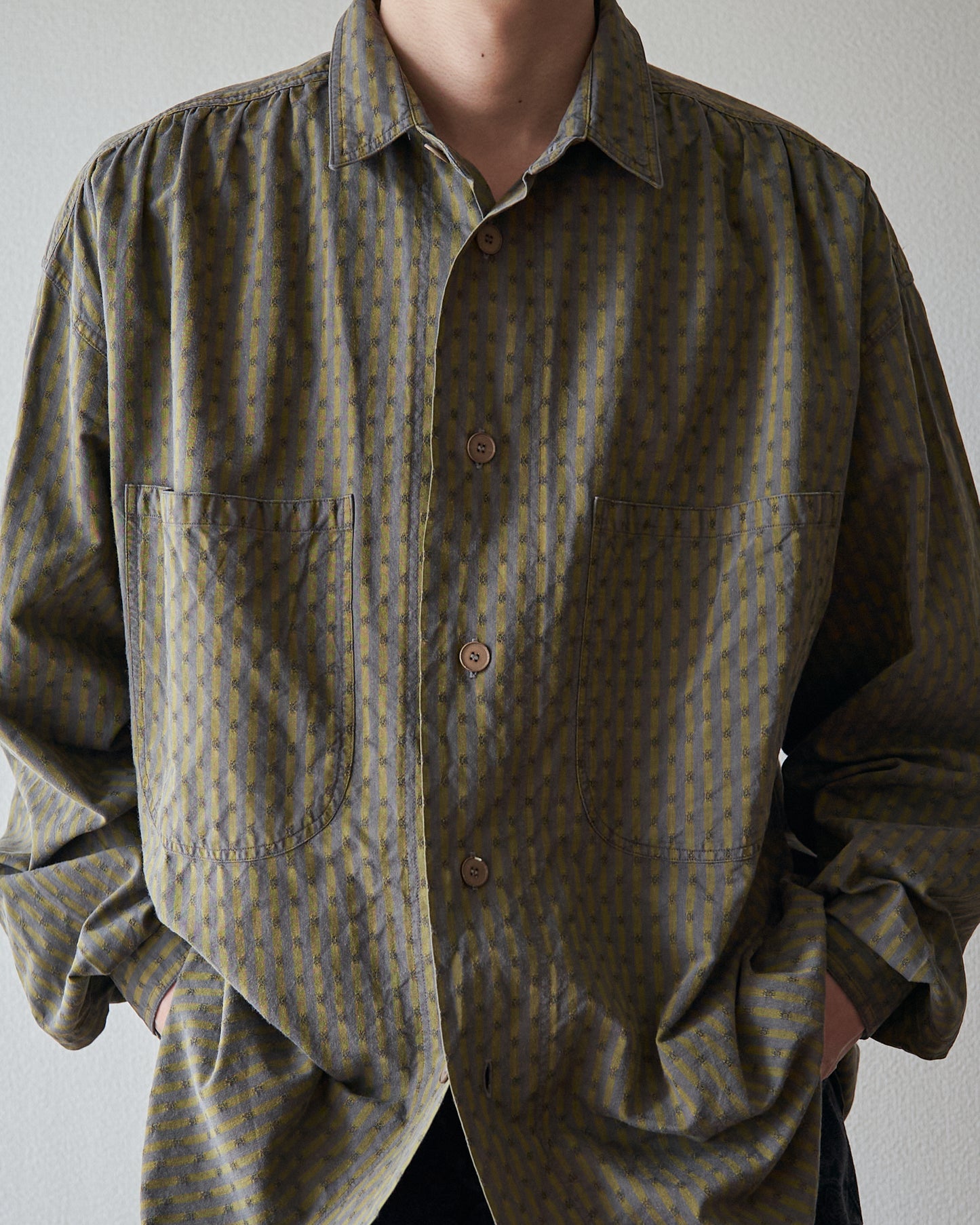 80-90s RENOMA PARIS Cotton Dobby-Striped Balloon Sleeve Shirt / Mustard Grey × Charcoal