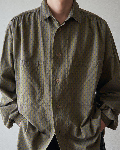 【Size S-M】80-90s RENOMA PARIS Cotton Dobby-Striped Balloon Sleeve Shirt / Mustard Grey × Charcoal