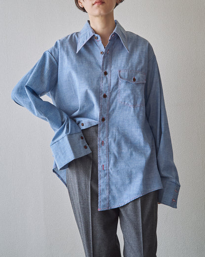 【SIZE M-L】70-80s HOUSE OF HANOVER Contrast-Stitch Poly-Cotton Western Chambray Shirt / Blue