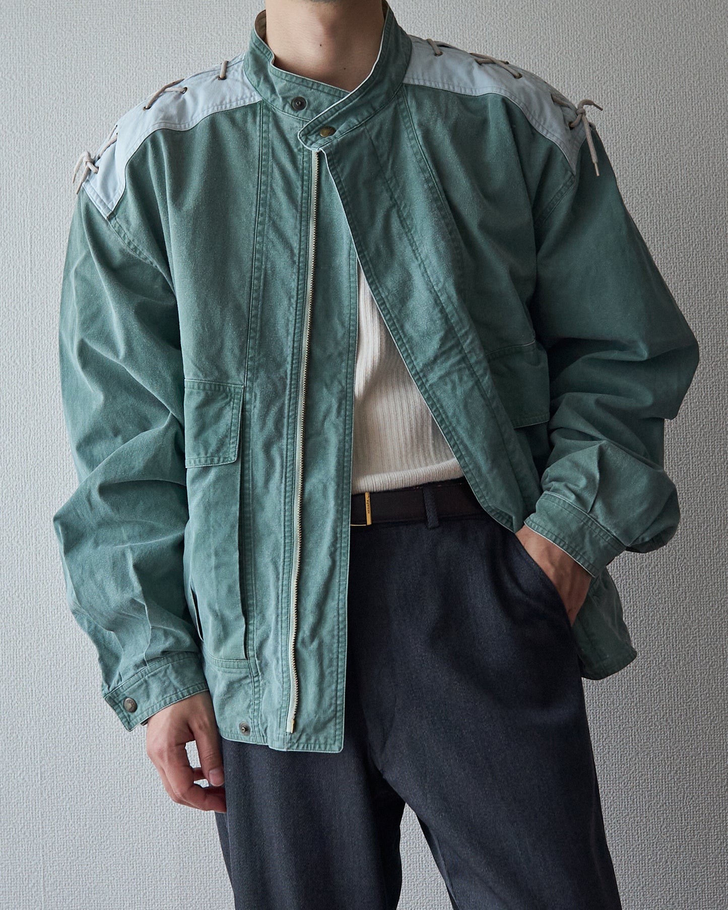 90s ALLEGRI Two-Tone  Lace-Up Shoulder Cotton Blouson / Sage