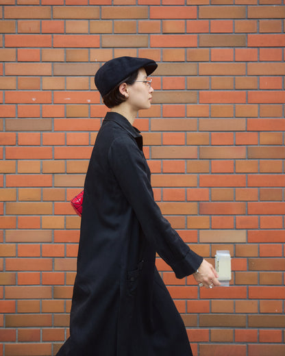 【SIZE S】-1940s French Black Cotton Sateen Maid Dress / Hand-Darned Repairs