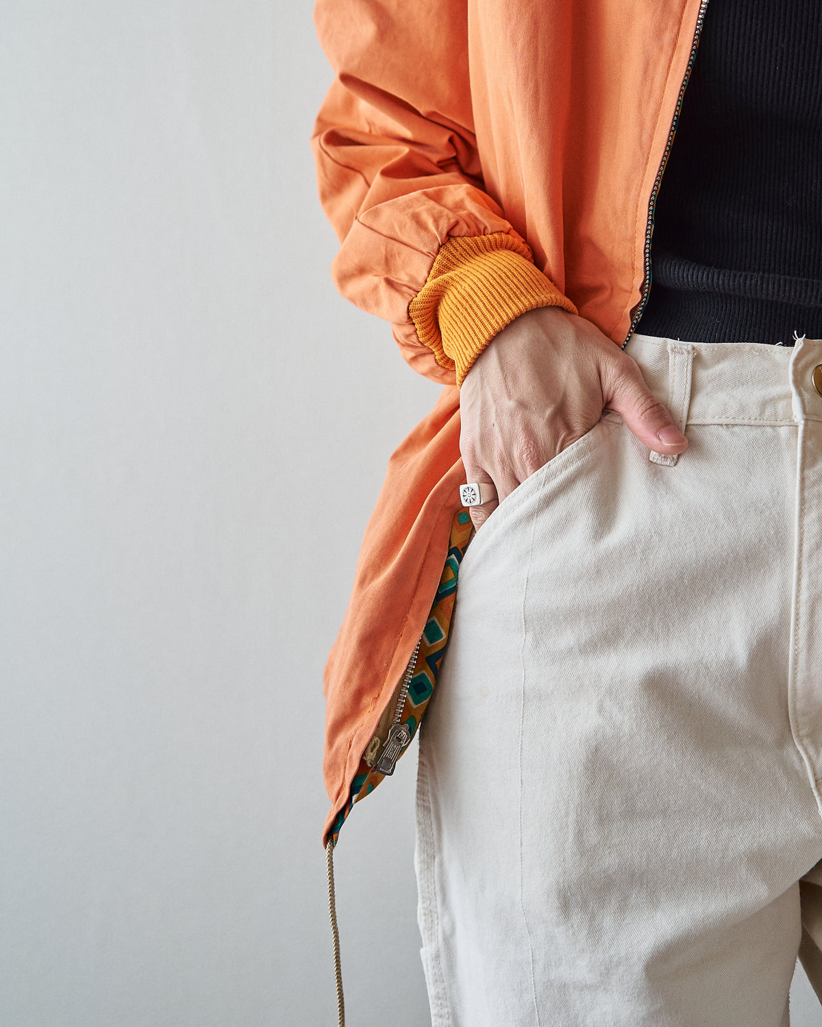 【SIZE S】70s Reversible Cotton Op-Art Geometric Print Ski Parka / Orange Multi