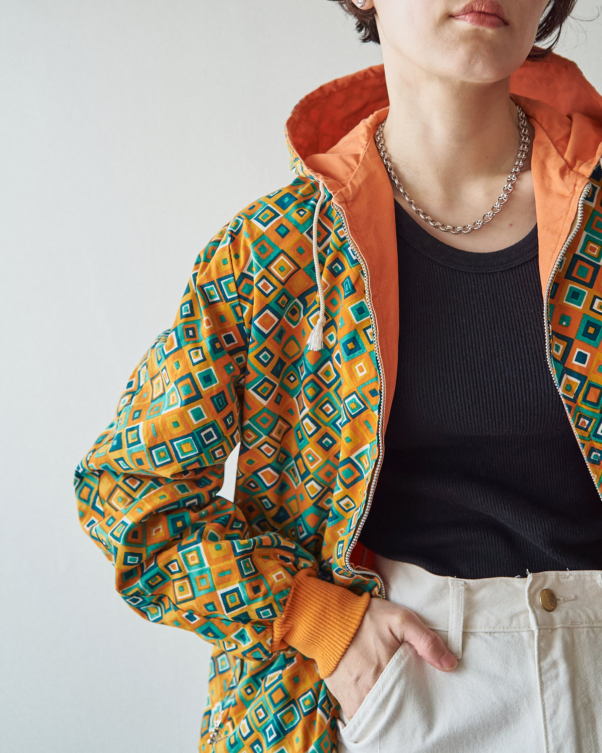 【SIZE S】70s Reversible Cotton Op-Art Geometric Print Ski Parka / Orange Multi