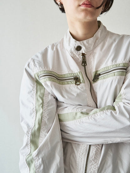 【SIZE M】2000s ARMANI JEANS PU-Coated Racing Stripe Moto Jacket / Ivory Sage Line