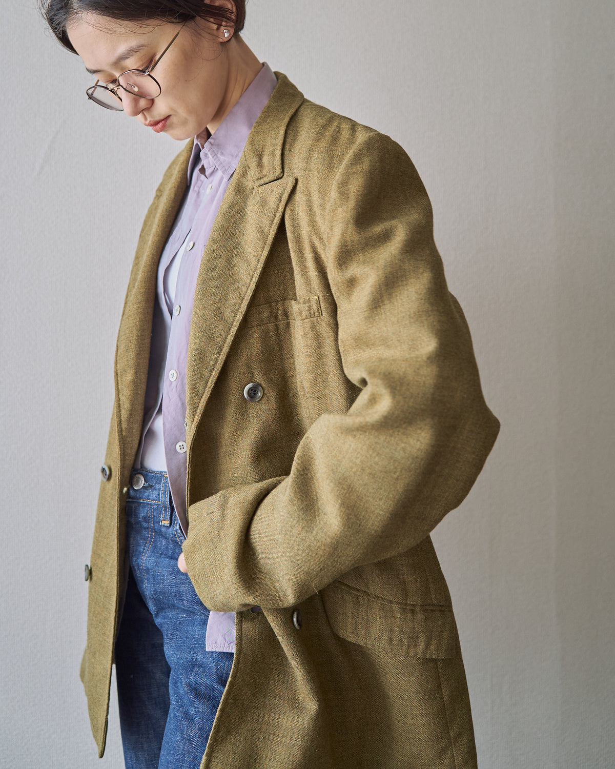 【SIZE M】70s Notch Lapel Double Breasted Tailored Jacket / Mustard Olive