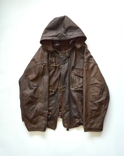 【SIZE S-M】80s Italian Leather Fireman  Hooded Jacket / Brown