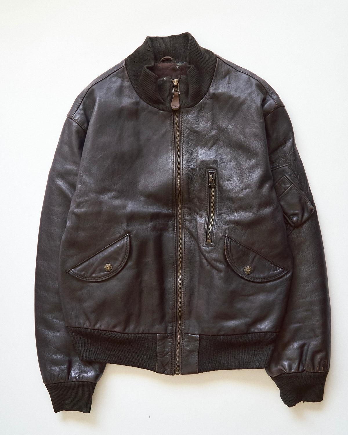【SIZE L】-90s ARMANI JEANS  Leather Flight Bomber Jacket / Brown