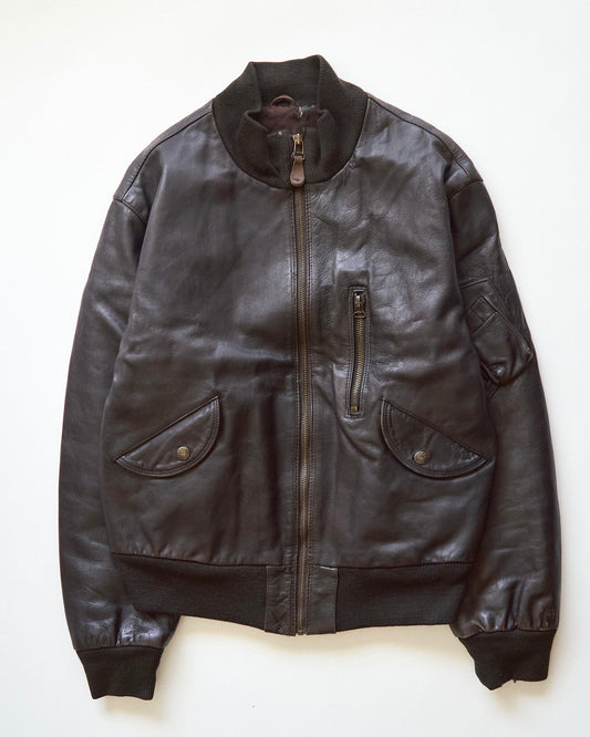 【SIZE L】-90s ARMANI JEANS  Leather Flight Bomber Jacket / Brown