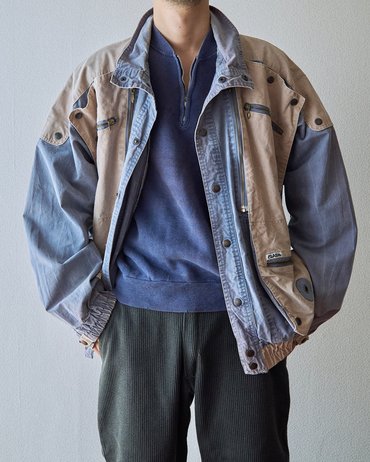【SIZE M-L】80-90s FLASH Cotton Twill Detachable Multi-Pocket Bomber Jacket / Grey Beige