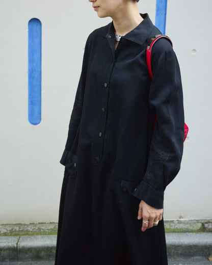 【SIZE S】-1940s French Black Cotton Sateen Maid Dress / Hand-Darned Repairs