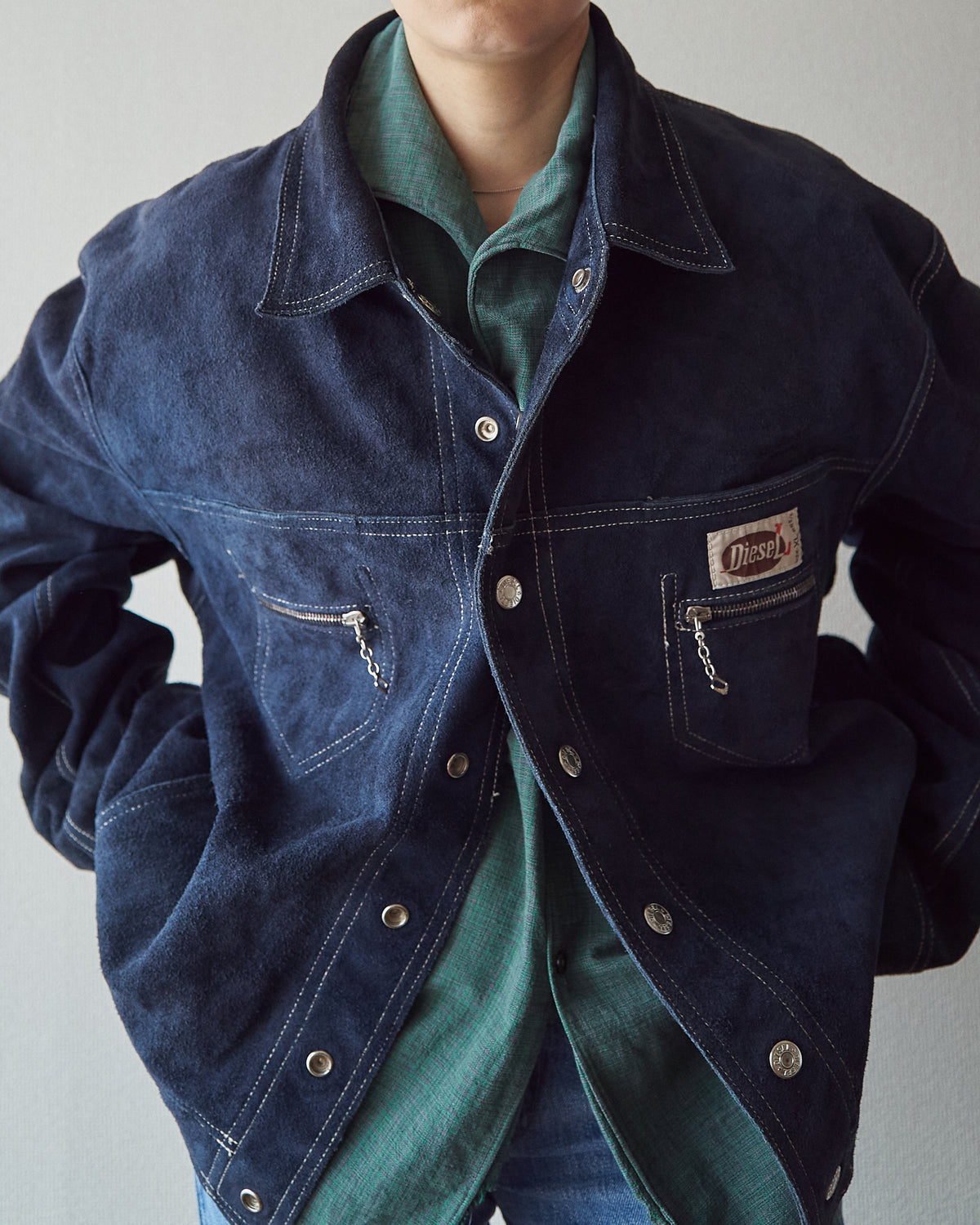 【SIZE L】90s-00s DIESEL Suede Reversible Trucker Jacket / Navy