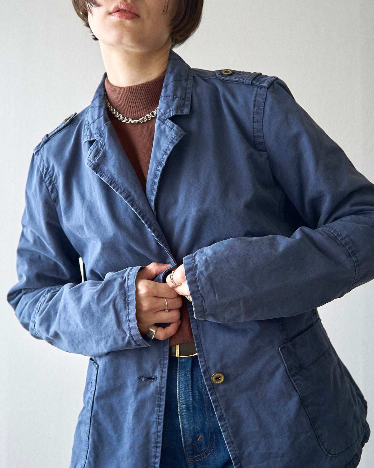 【SIZE S】ARMANI JEANS Garment-Dyed Cotton Convertible-Collar Field Jacket / Navy