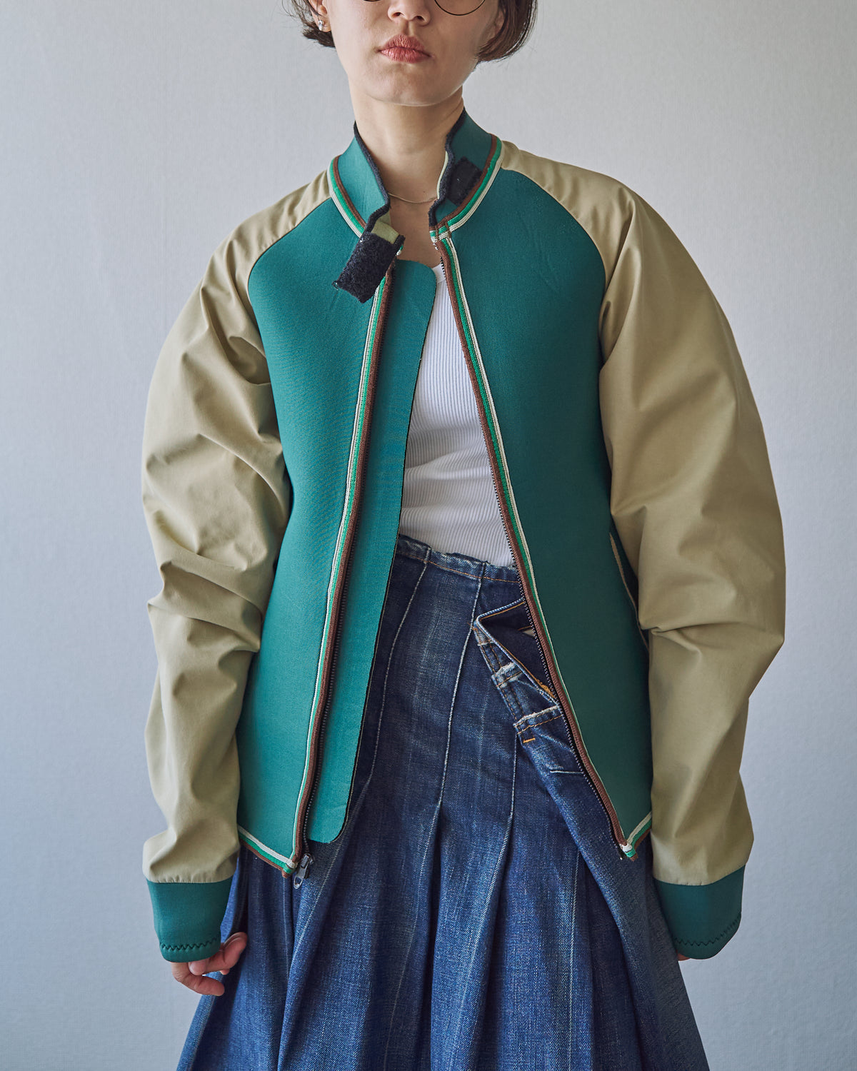 【SIZE S】1980-90s Neoprene Switching Jacket / Green × Beige