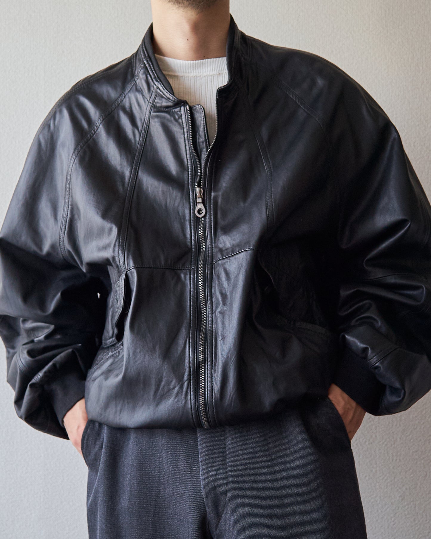 80s-90s GIMO’S Lambskin Leather Raglan Sleeve Bomber Jacket / Black 85