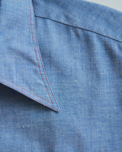 【SIZE M-L】70-80s HOUSE OF HANOVER Contrast-Stitch Poly-Cotton Western Chambray Shirt / Blue