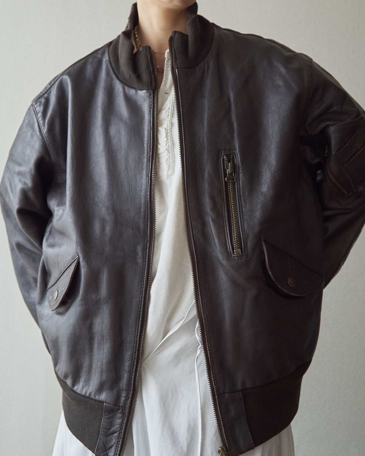 【SIZE L】-90s ARMANI JEANS  Leather Flight Bomber Jacket / Brown