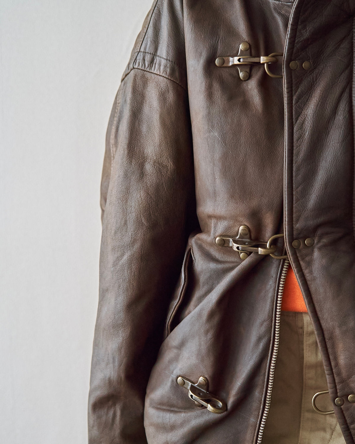 【SIZE S-M】80s Italian Leather Fireman  Hooded Jacket / Brown