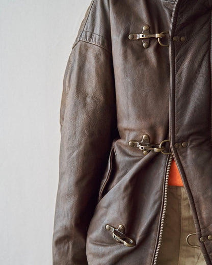 【SIZE S-M】80s Italian Leather Fireman  Hooded Jacket / Brown