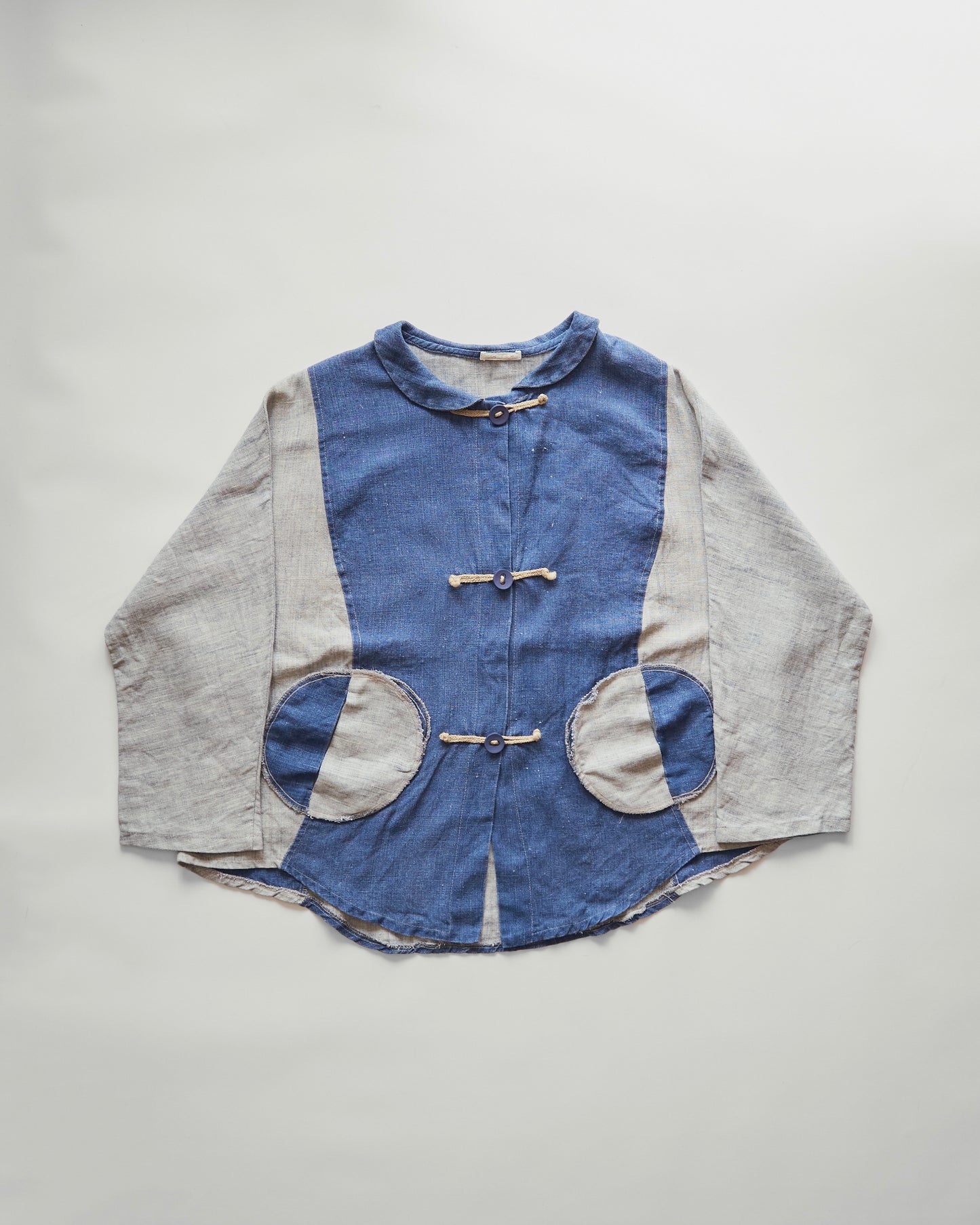 80-90s Circular Pocket Switching Linen Jacket / Blue × Gray