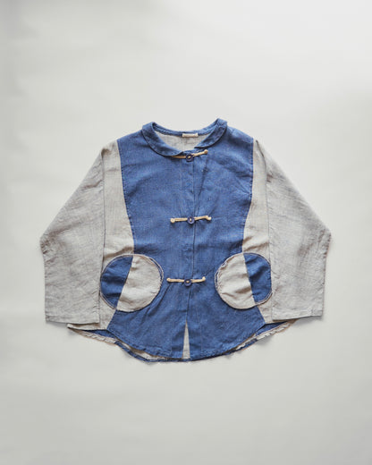 【Size S】80-90s Circular Pocket Switching Linen Jacket / Blue × Gray