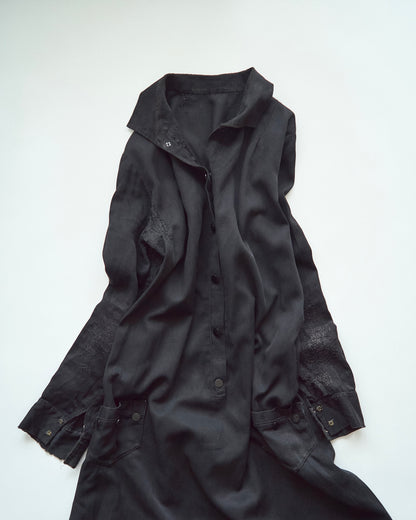 【SIZE S】-1940s French Black Cotton Sateen Maid Dress / Hand-Darned Repairs