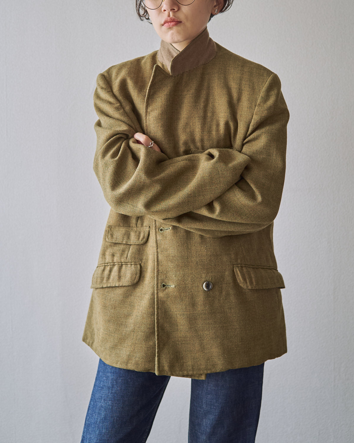 【SIZE M】70s Notch Lapel Double Breasted Tailored Jacket / Mustard Olive