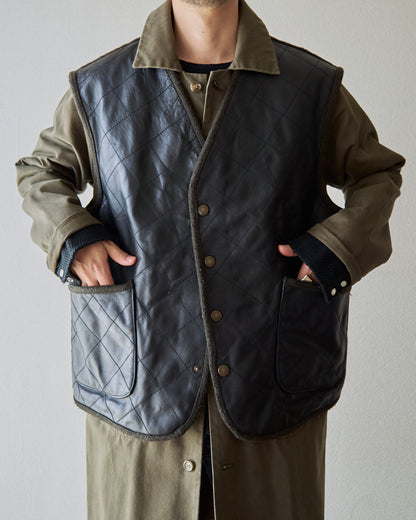 【SIZE L】HUGO BOSS Leather & Wool Panel Quilted Gilet / Black