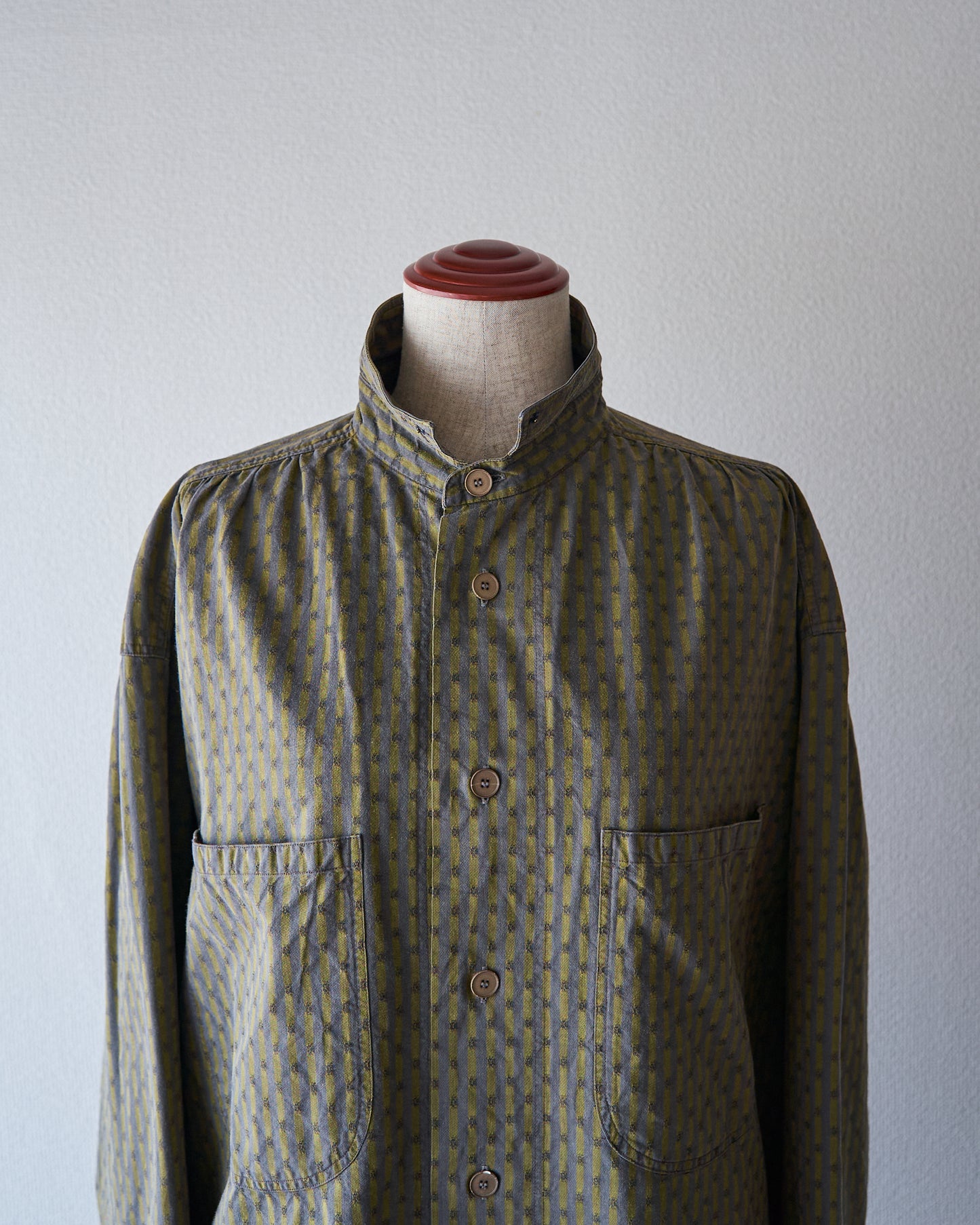 80-90s RENOMA PARIS Cotton Dobby-Striped Balloon Sleeve Shirt / Mustard Grey × Charcoal