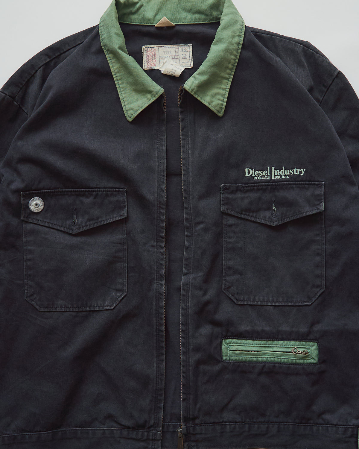 【SIZE L】90s DIESEL Industry Cotton Twill Contrast Collar Work Jacket / Black x Moss Green