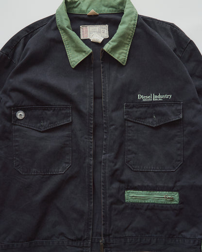 【SIZE L】90s DIESEL Industry Cotton Twill Contrast Collar Work Jacket / Black x Moss Green