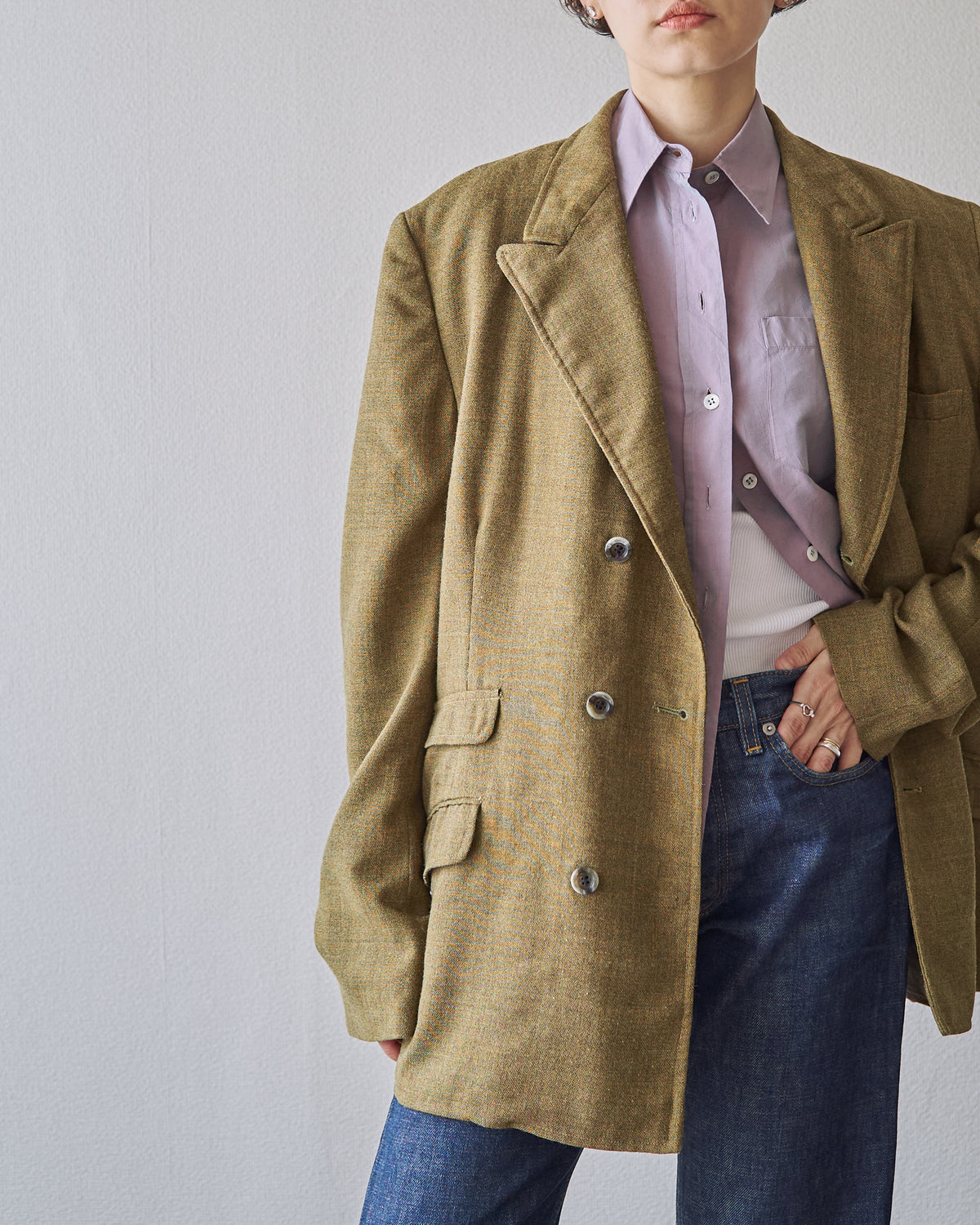 【SIZE M】70s Notch Lapel Double Breasted Tailored Jacket / Mustard Olive
