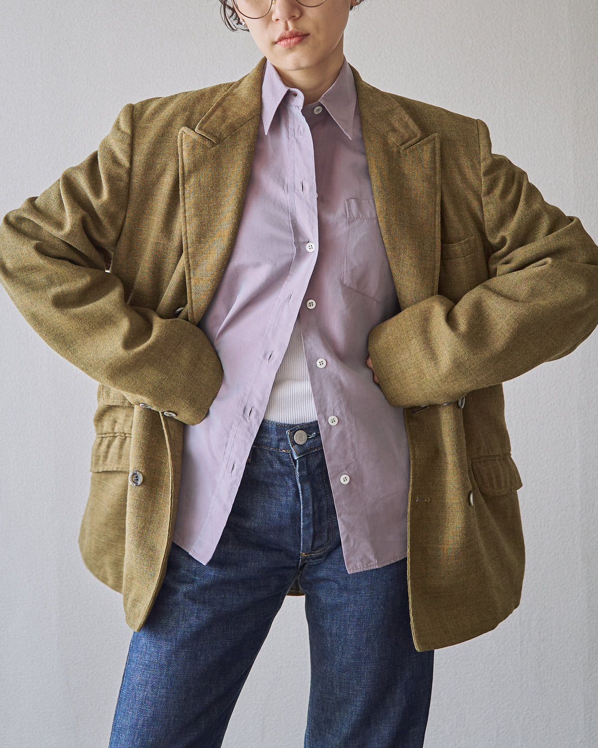 【SIZE M】70s Notch Lapel Double Breasted Tailored Jacket / Mustard Olive