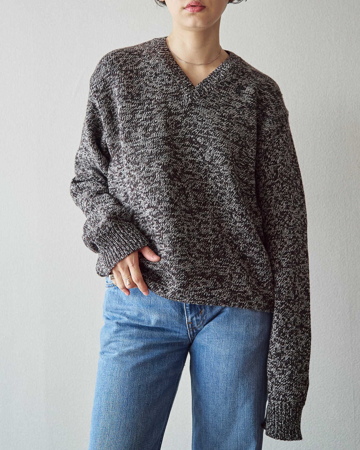 【SIZE S-M】90s agnès b. homme Melange Wool V-Neck Knit / Brown x Ecru