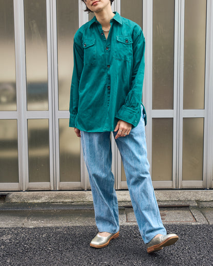 【SIZE S】1950-60s French Cotton Twill Back-Button Work Shirt / Deep Teal