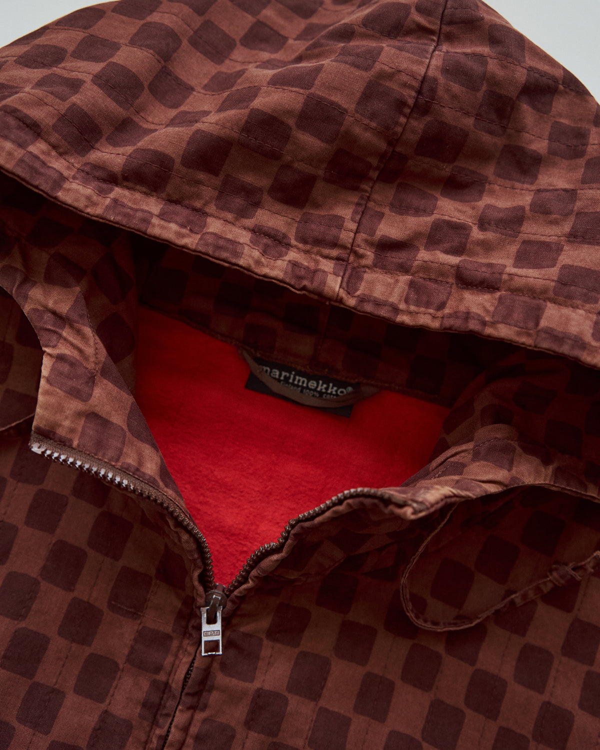 【M-L】90s MARIMEKKO Cotton Checkerboard Print Hooded Parka / Brown
