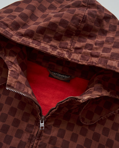 【M-L】90s MARIMEKKO Cotton Checkerboard Print Hooded Parka / Brown