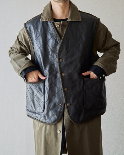 【SIZE L】HUGO BOSS Leather & Wool Panel Quilted Gilet / Black