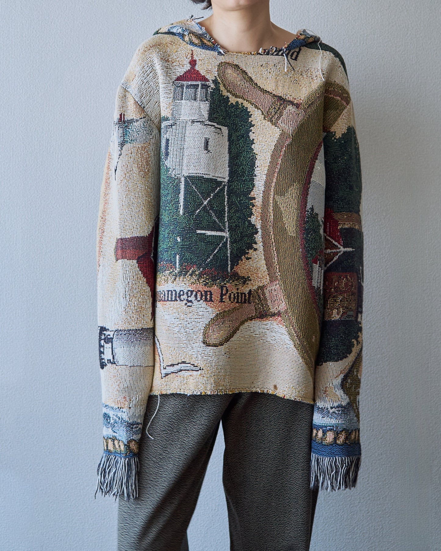 Lighthouse Jacquard Tapestry Remake Hoodie / Fringe Trim Multi