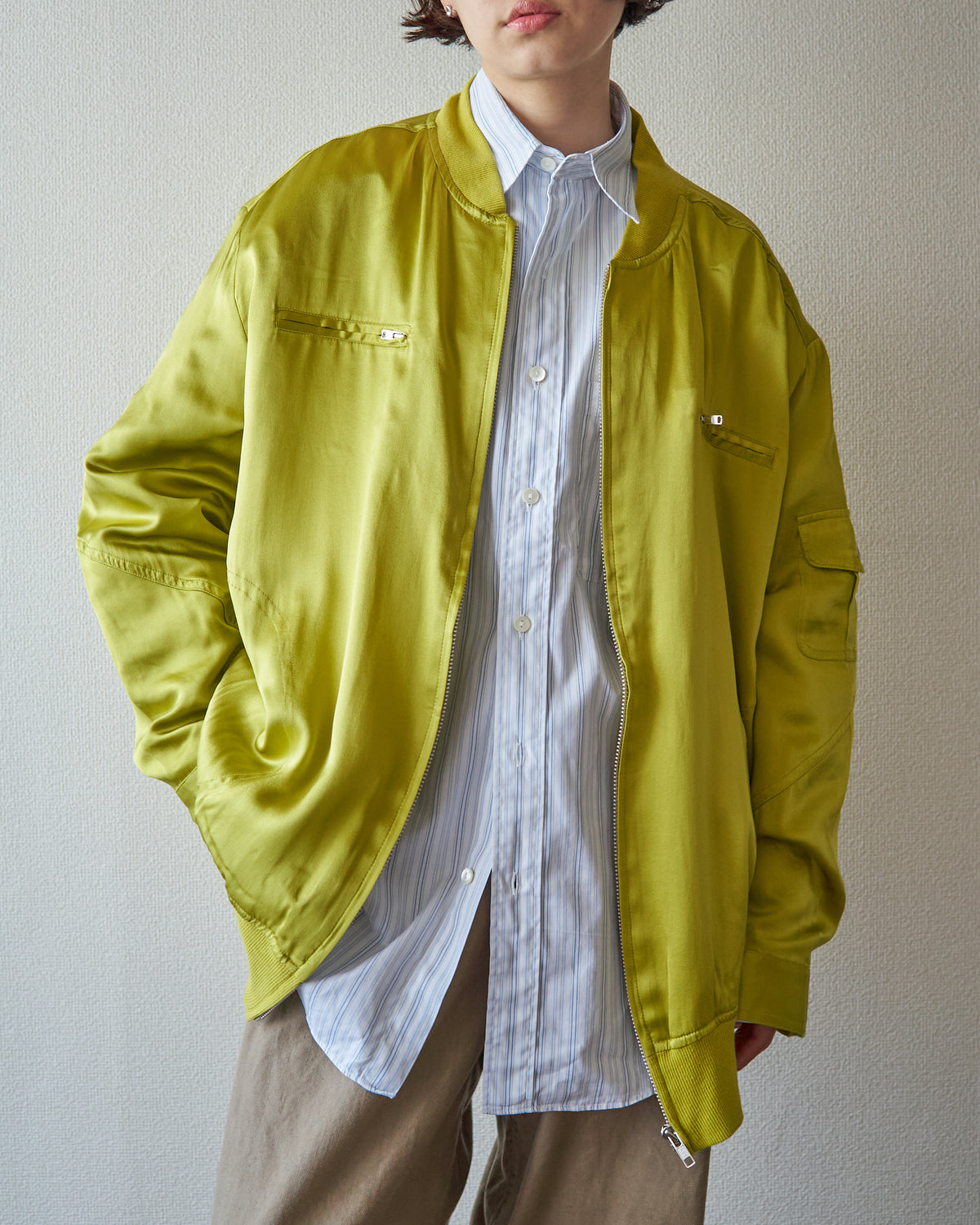 【SIZE S-M】2010s CHICO'S DESIGN Silk Satin MA-1 Bomber / Chartreuse Yellow