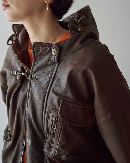 【SIZE S-M】80s Italian Leather Fireman  Hooded Jacket / Brown