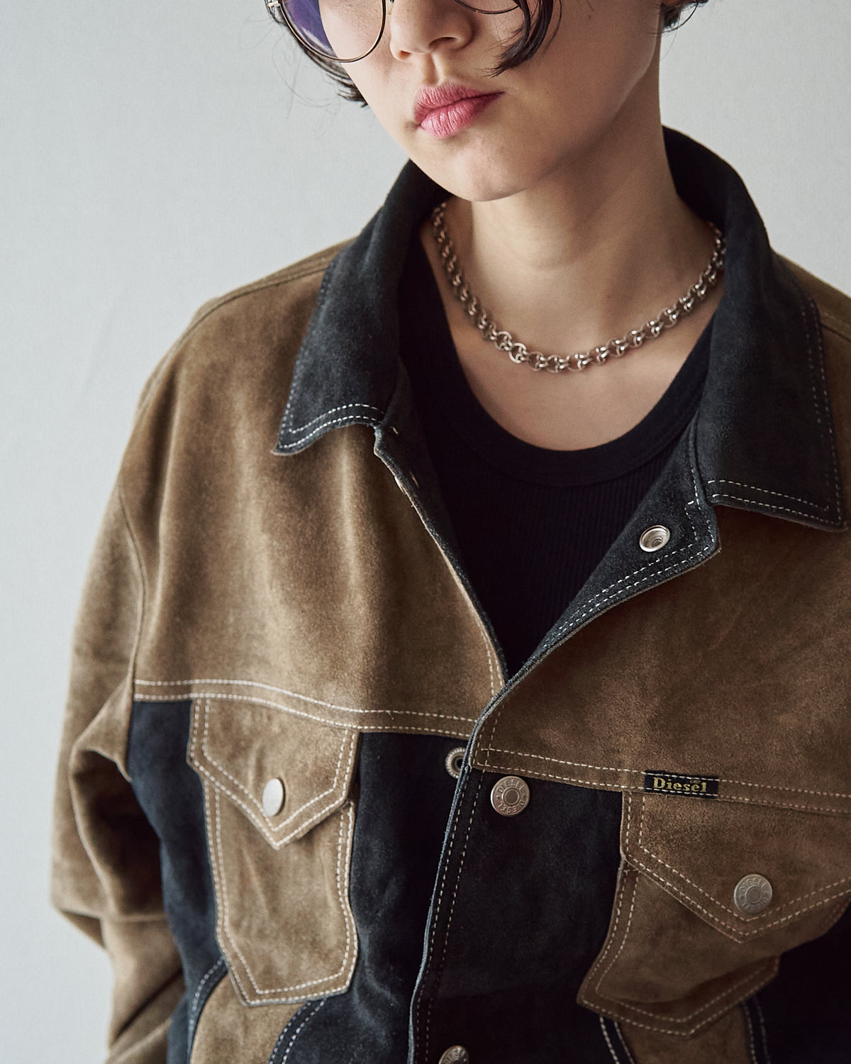【SIZE M-L】90s DIESEL Suede Two-Tone Trucker Jacket / Beige Black