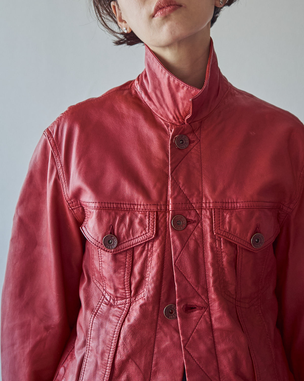 【SIZE S-M】2000s-2010s ARMANI JEANS Sheepskin Leather Trucker Jacket / Red