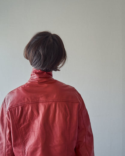 【SIZE S-M】2000s-2010s ARMANI JEANS Sheepskin Leather Trucker Jacket / Red